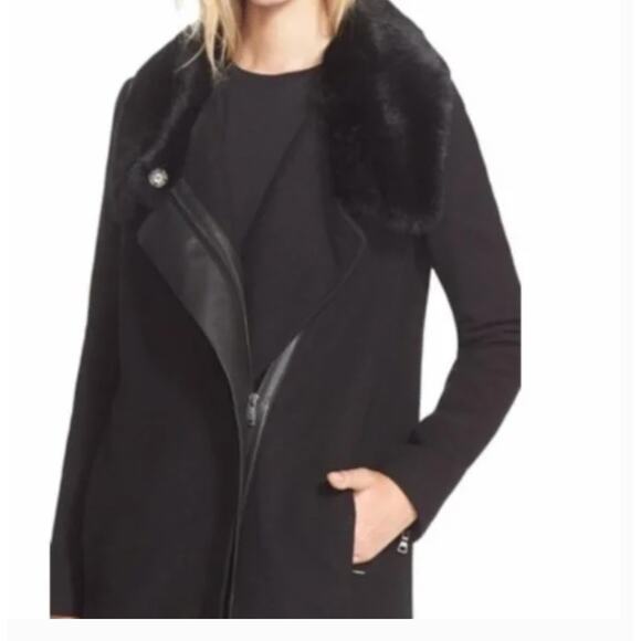 Vince Fur Collar Wool Coat M Black Leather Glam Capsule Minimalist Old Money - Picture 2 of 12
